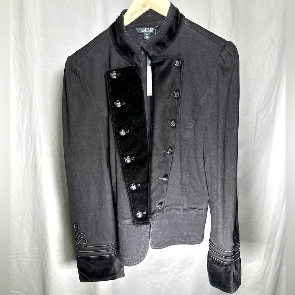NWT Vintage Ralph Lauren Velvet Trim Double Breasted Military Style Open Jacket